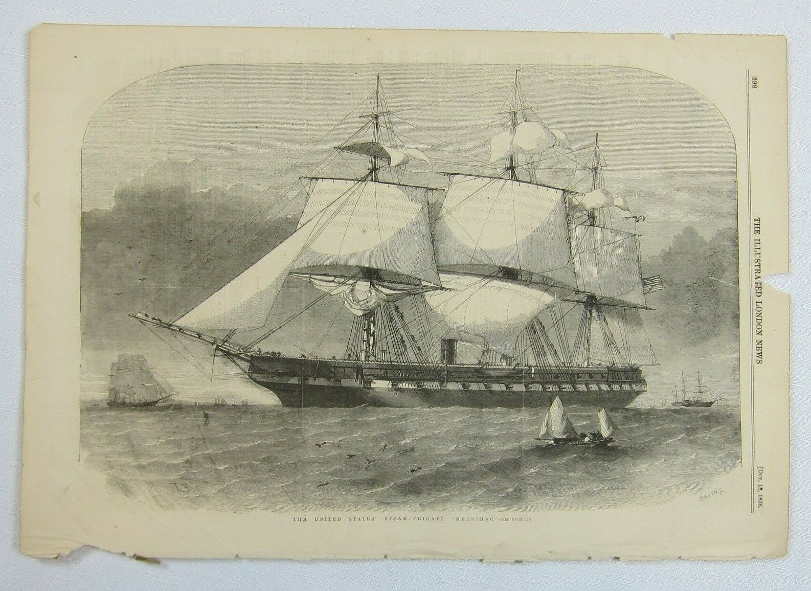 Antique 1856 Print The United States Steam Frigate Merrimack Naval Ship Seascape