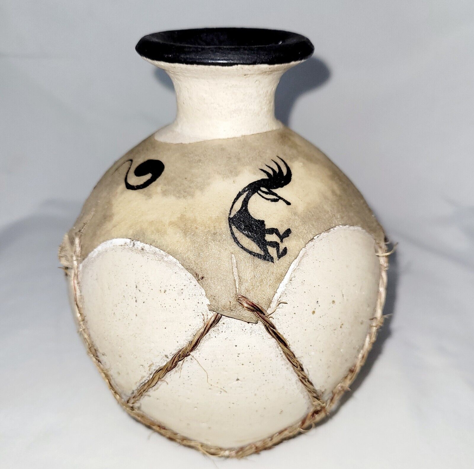 Native American Rustic Kokopelli Pottery Vase With Rawhide & String Wrap Design