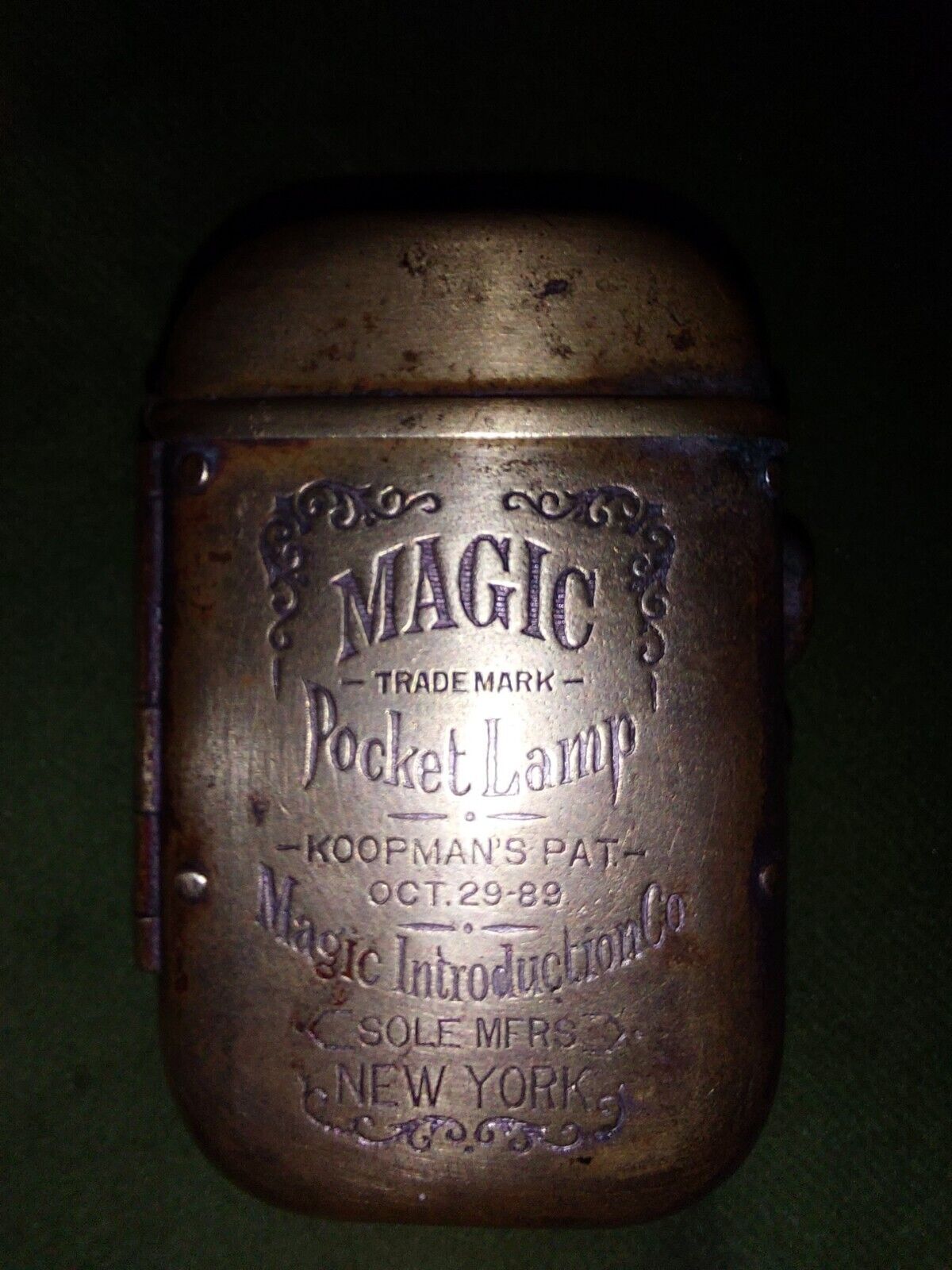 ANTIQUE KOOPMAN’S MAGIC TRADE MARK POCKET LAMP WOODMAN’S PAT. 1889 LIGHTER NY