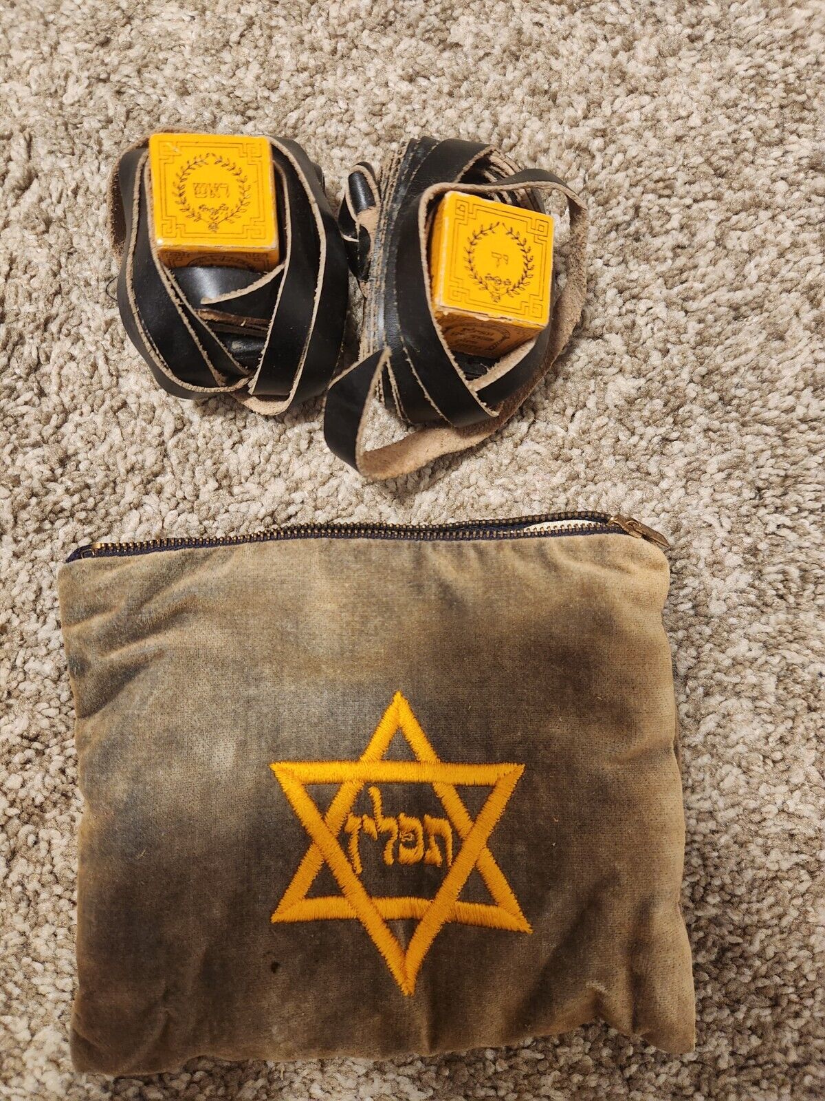 Vintage Jewish Judaica Tefillin Set With Velvet Bag