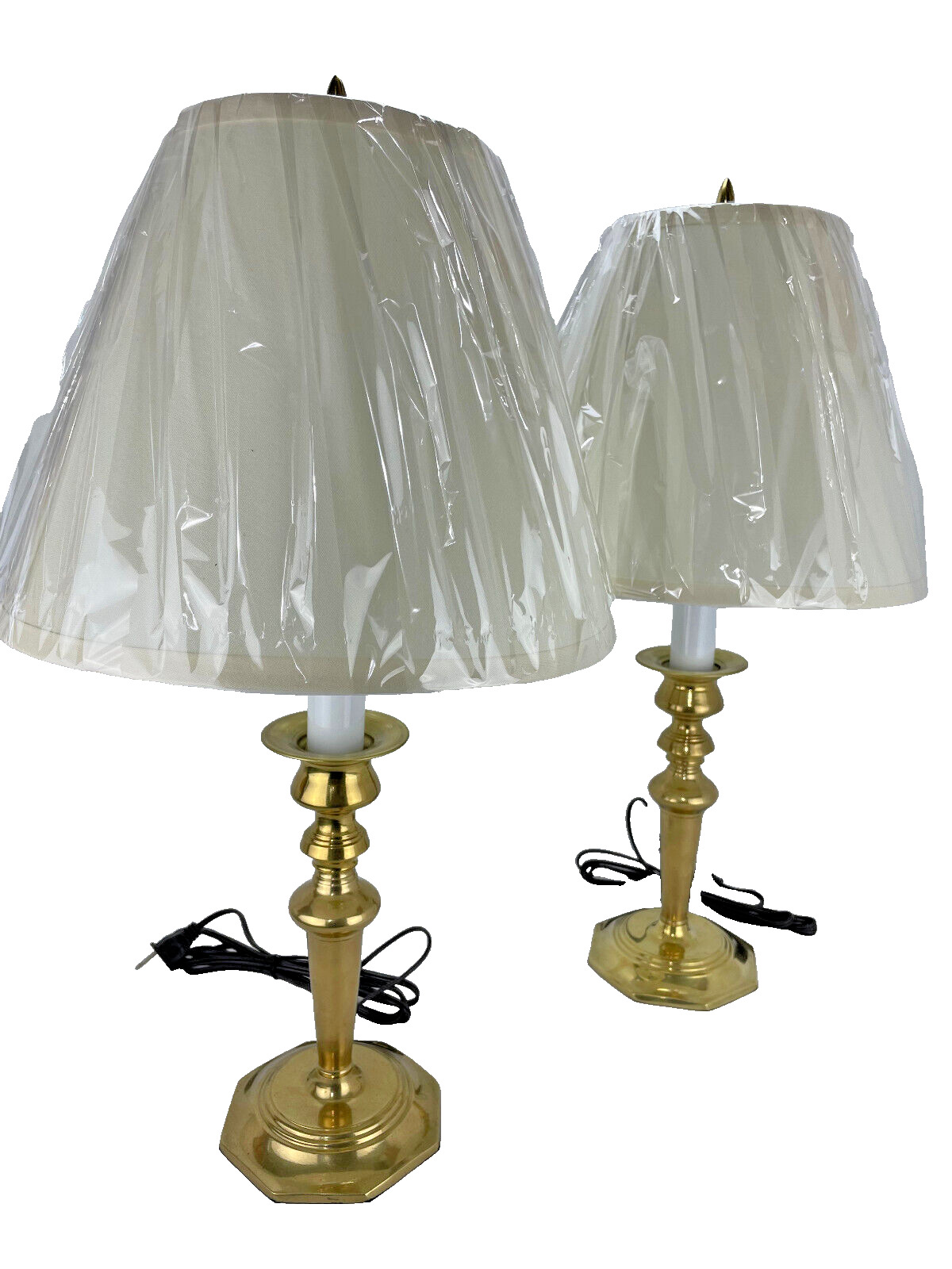 Two Vintage Solid Brass Candlestick Conversion Table Lamps New Fine Linen Shades