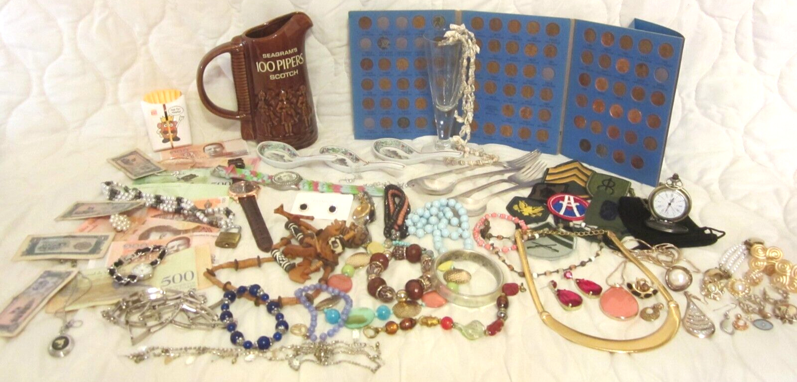 Junk Lot Drawer Lot Penny Album, Vtg. to Now Jewelry, Working Watches, PUB JUG