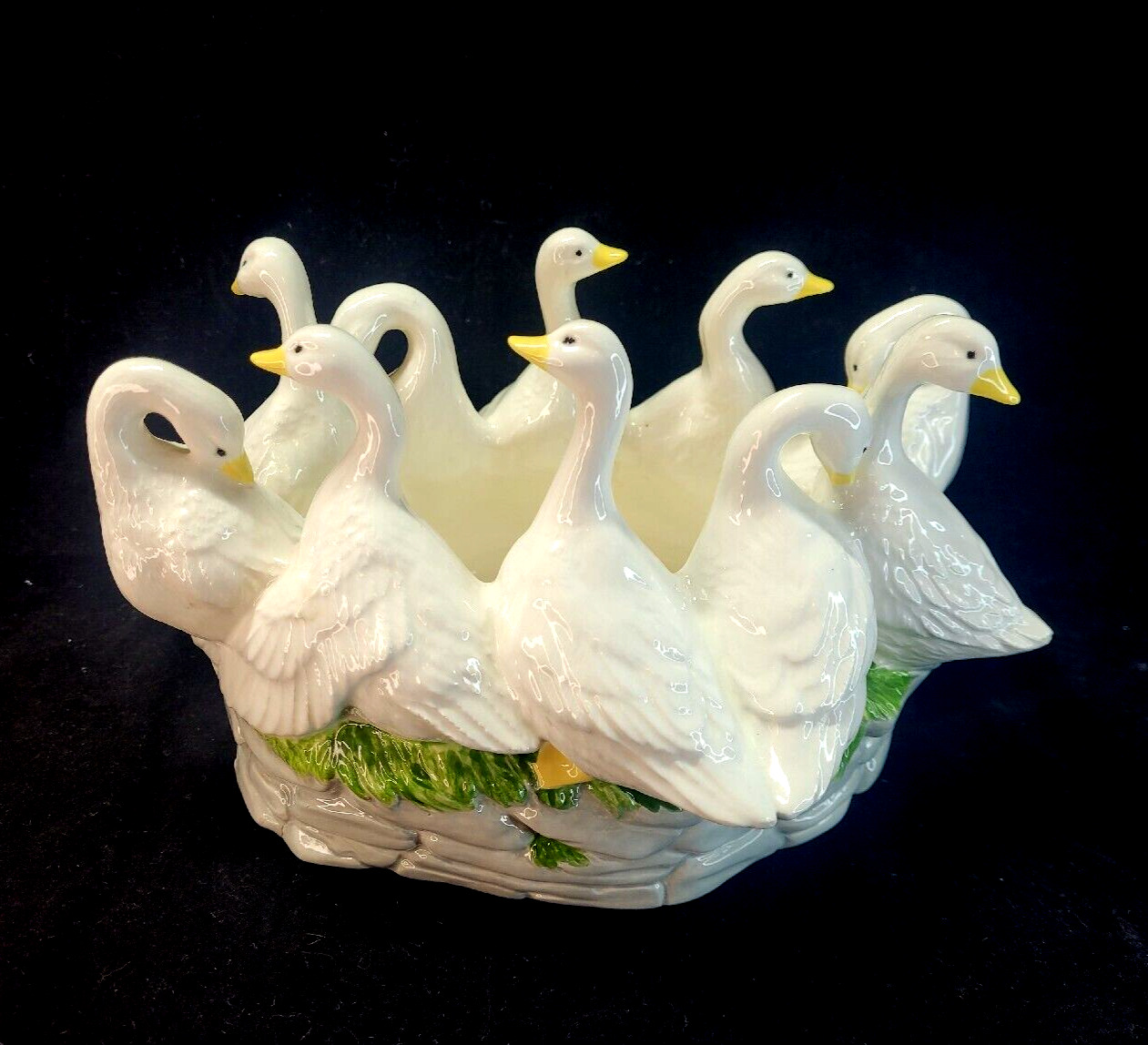 Vintage Ceramic Geese Signed & Dated Planter Hand Painted Country Cottage Duck