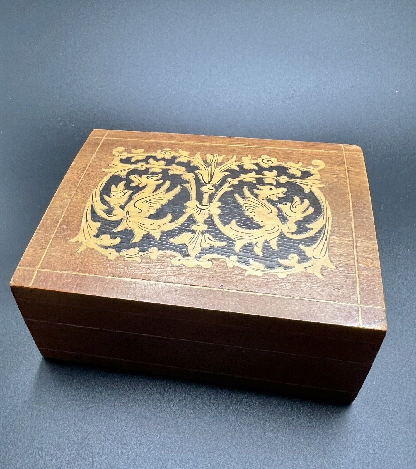 Vintage Italian Wood Inlay Trinket / Card / Jewelry Box Griffin Motif