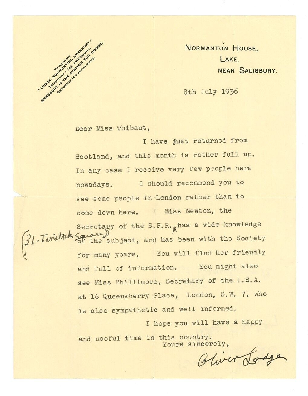 SIR OLIVER LODGE signed 1936 TLS letter PHYSICIST