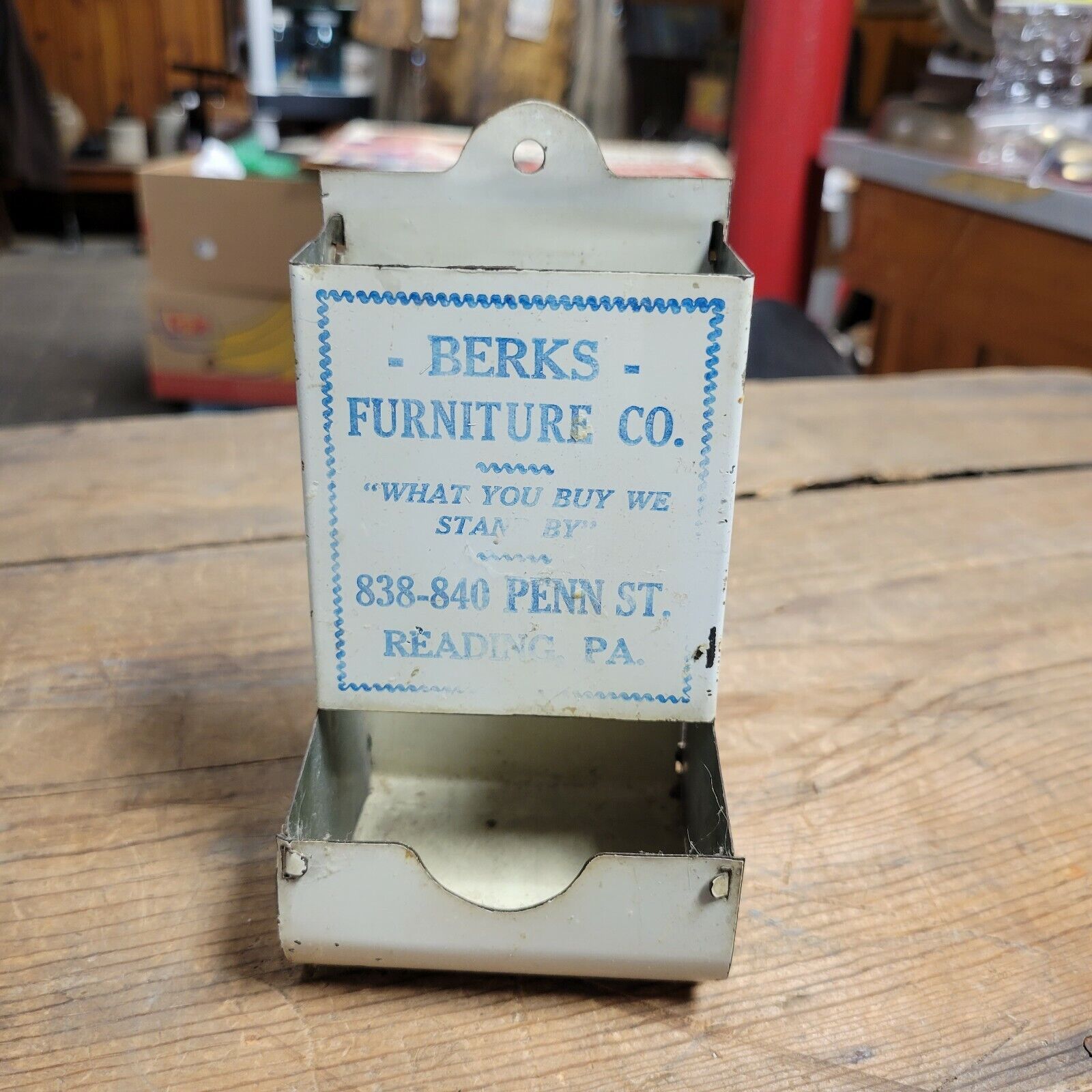Antique Berks Furniture Redding PA Advertisment Tin Match safe Holder
