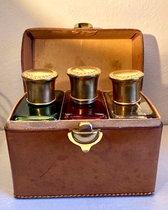 VF  1920s PERFUME COLOGNE LEATHER CASE AND 3 COLOURED BOTTLES