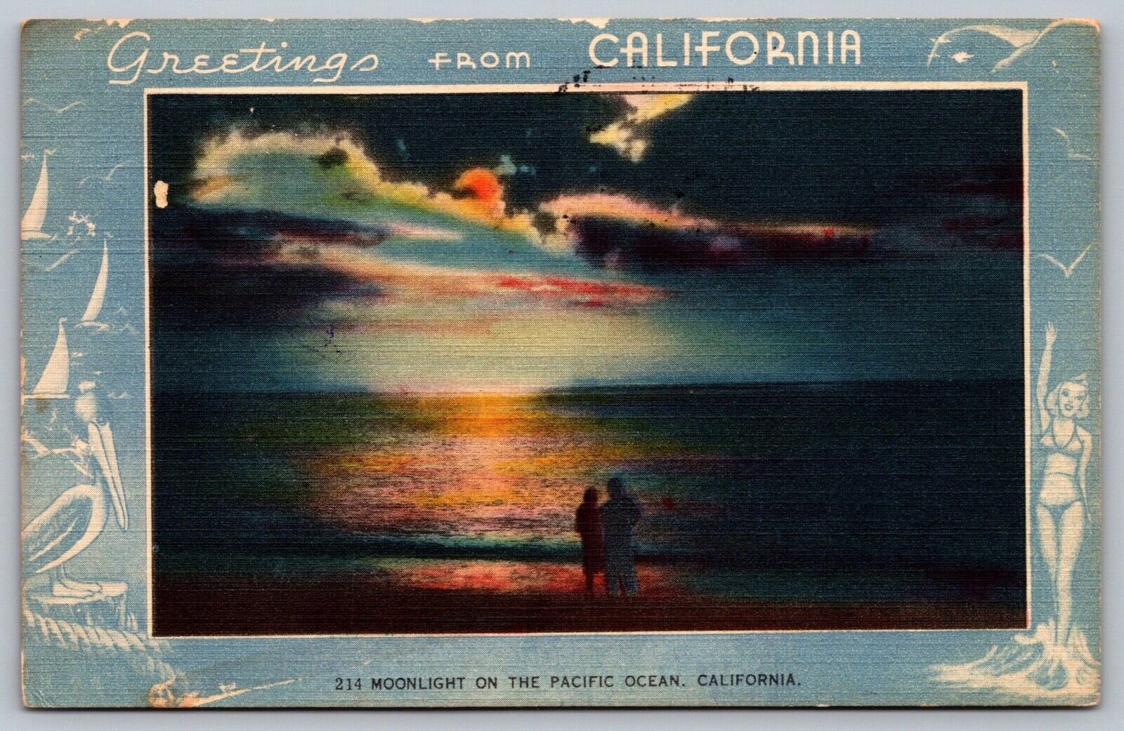 1962 Greetings From California Moonlight On The Pacific Ocean Posted Postcard H6