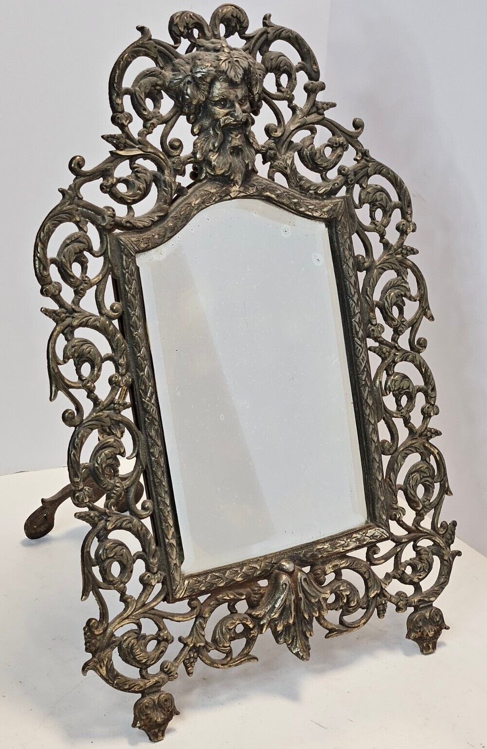 Antique Ornate 19th C. Gilt Cast Iron \'Green Man\' Easel Back Victorian Mirror