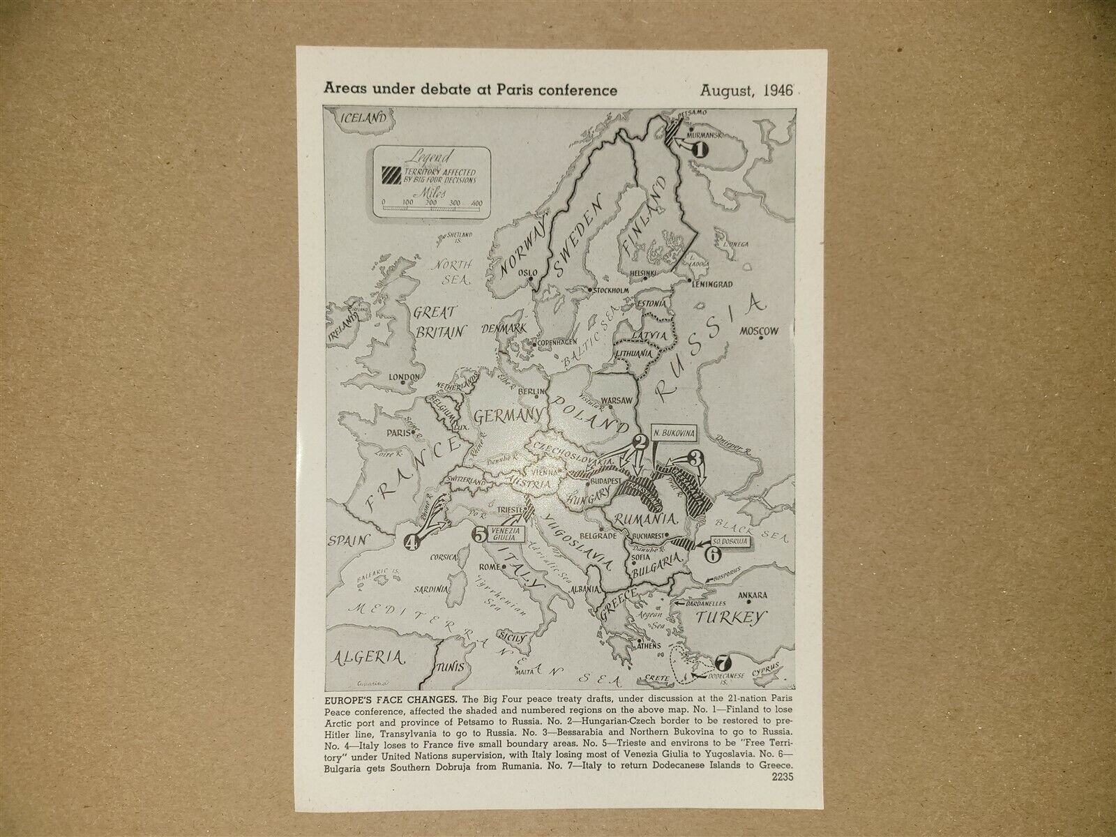 Paris Conference Areas Under Debate 1946 World War 2 WW2 Map
