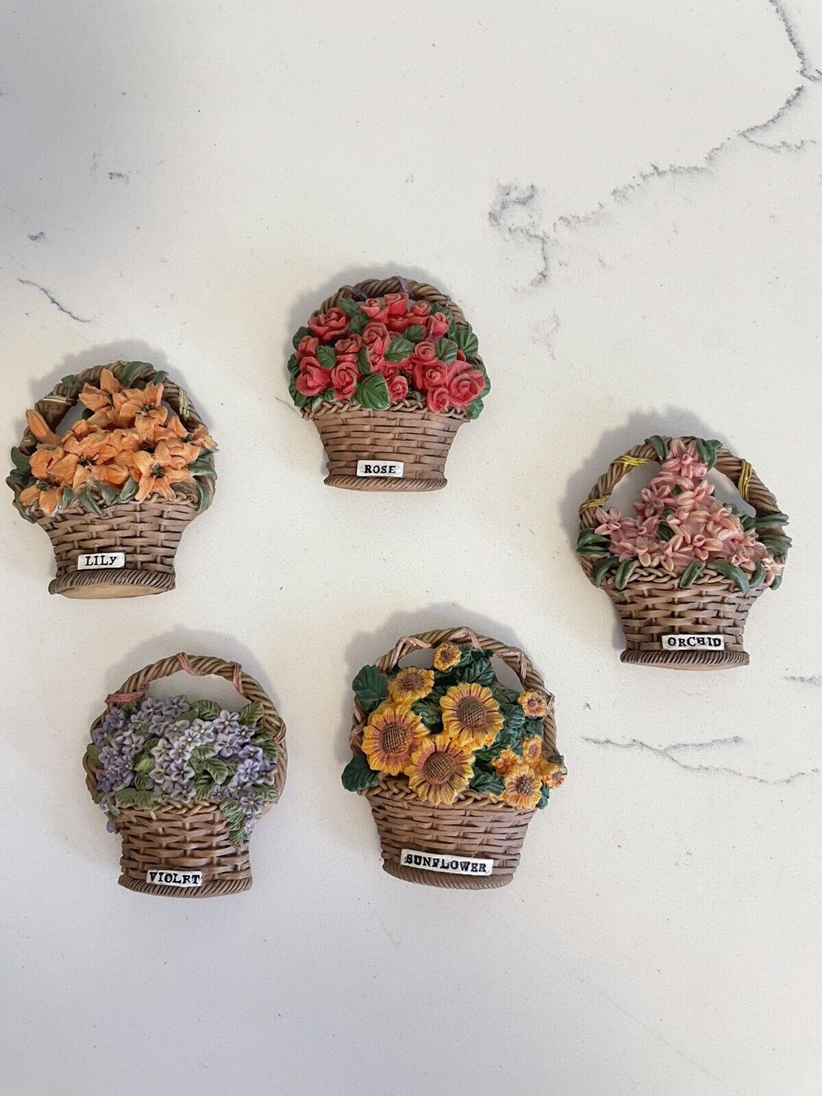 Lot of 5-Vintage Ceramic colorful Flower Baskets-Refrigerator magnets