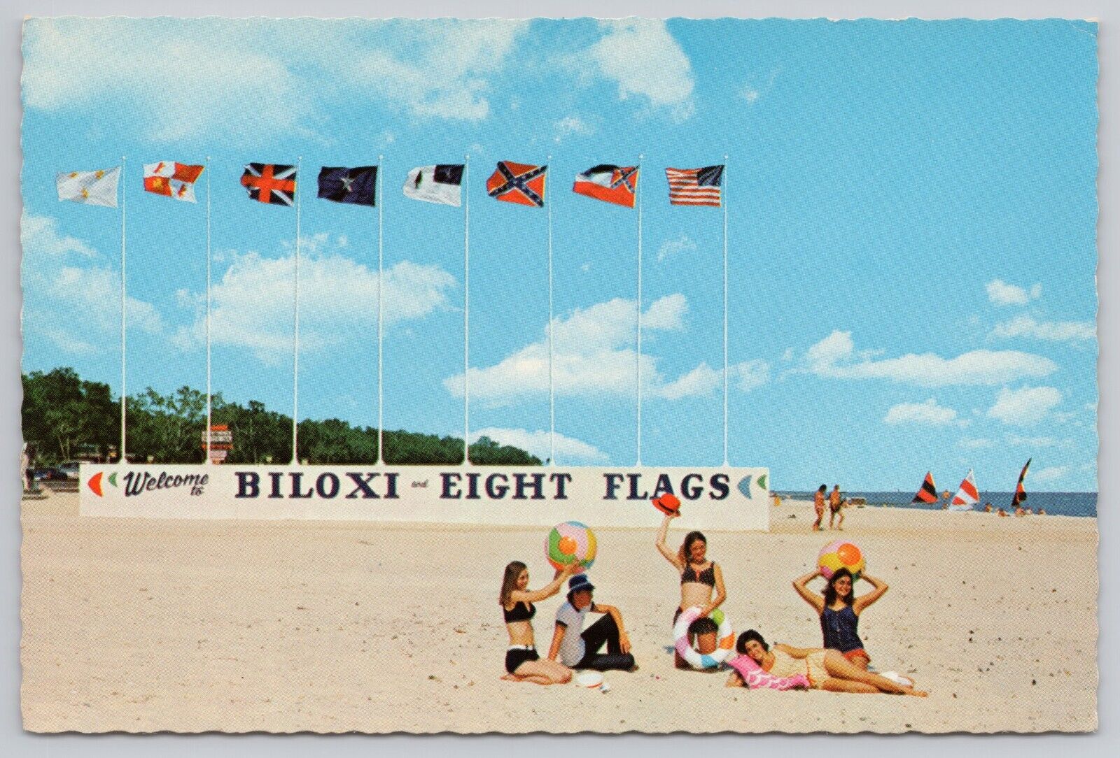 Biloxi Mississippi, Eight Flags, Sunbathers on Beach, Vintage Postcard