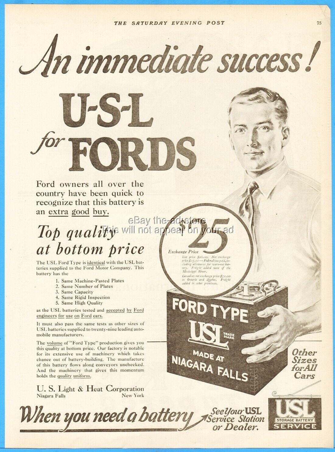 1921 U S Light and Heat Niagara Falls NY USL Battery Ford 1920\'s Shop Garage Ad