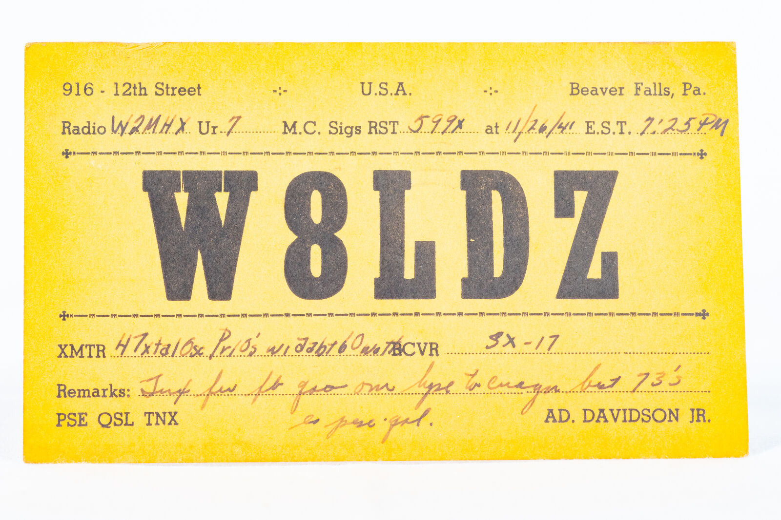 1941 Amateur Ham Radio QSL Card Beaver Falls PA W8LDZ Ad Davidson