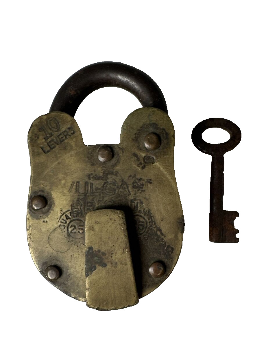 Vintage Old Vulcan Bright Mark Unique Rare Shape Brass Padlock Lock With Key