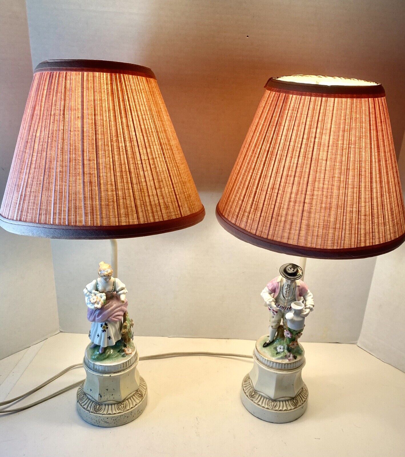Vintage Figural Lamps French Colonial Couple Bedroom  Dresser Pink Shades READ