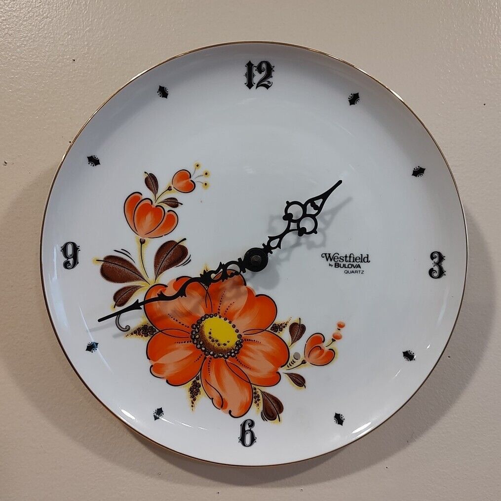 Westfield BulovaQuartz Orange Flower Porcelain Plate Clock Gold Trim*NON WORKING