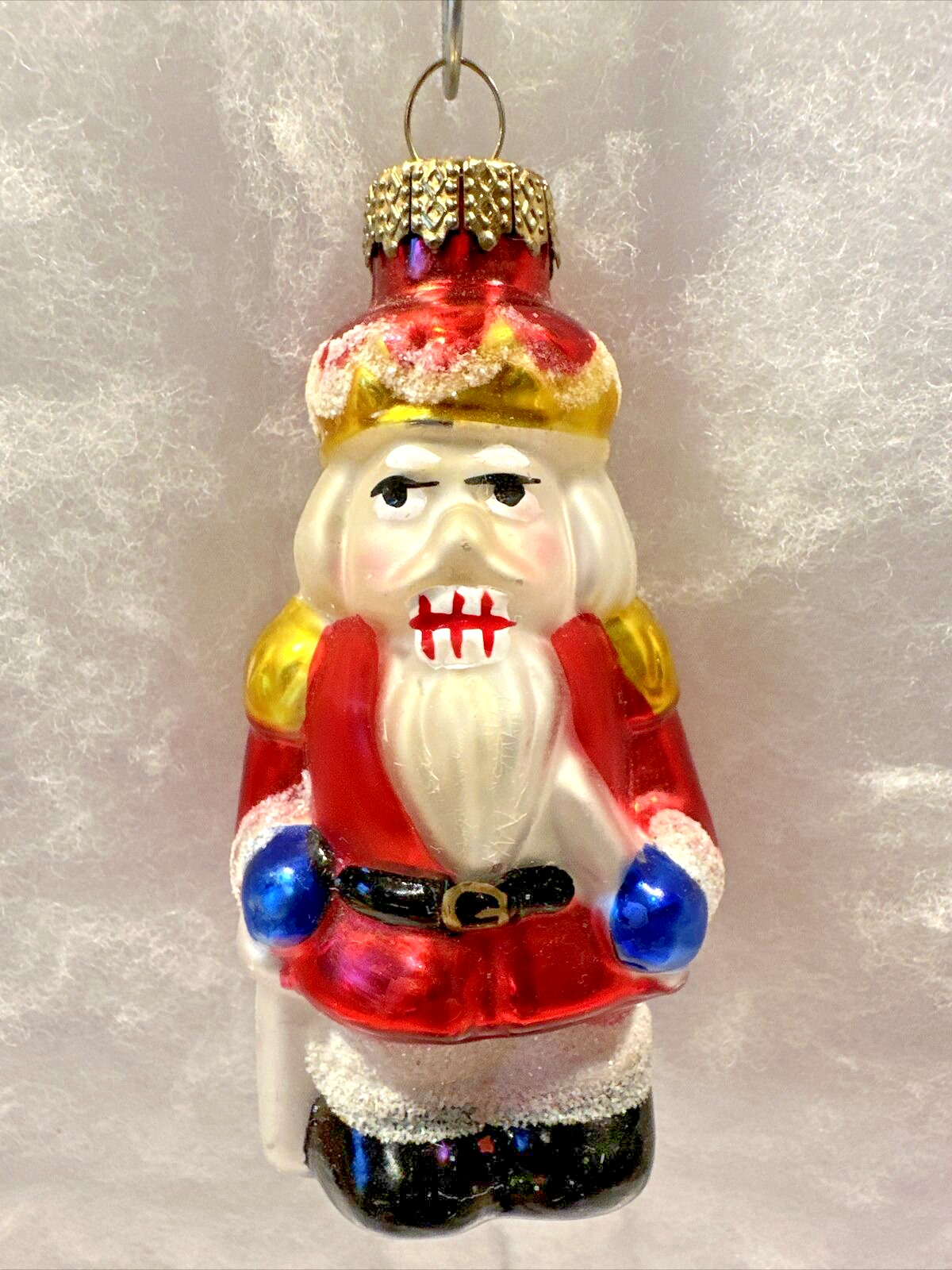 Vintage Angry Santa Claus Blown Glass with Mica Glitter Christmas Ornament 3.5”