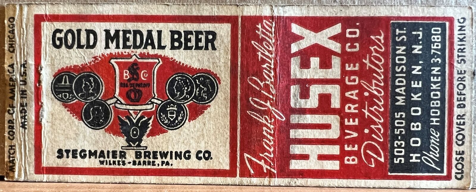 Husex Beverage Co Hoboken NJ Gold Medal Beer Vintage Bobtail Matchbook Cover