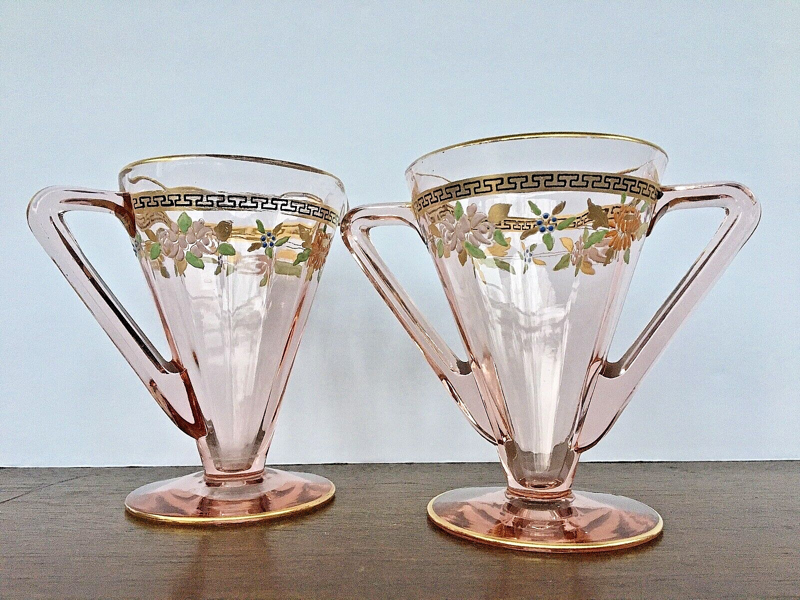 Vintage Art Deco Hand Painted Pink Depression Glass Creamer & Open Sugar Bowl