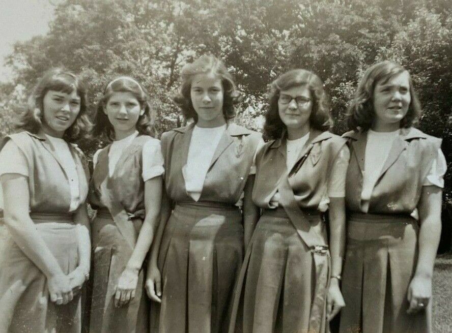 Five Girls In Uniform Scout Guide School B&W Photograph 2.5 x 3.5