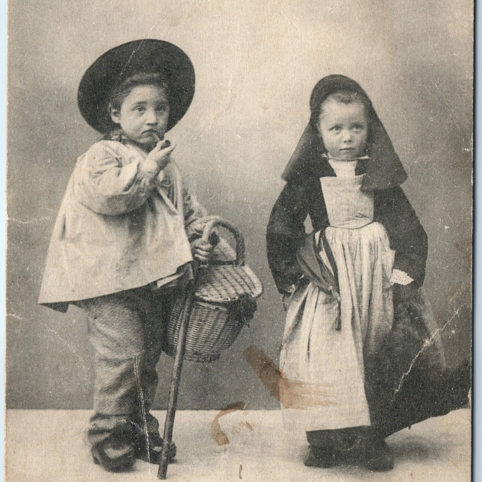 c1910s Children of Pontivy France Mature Kids Pipe Smoking Boy Cute Girl PC A172