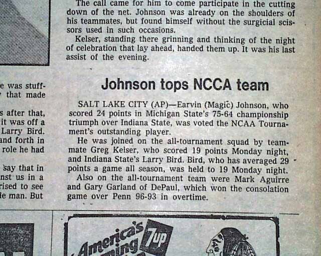MAGIC JOHNSON Michigan State Spartans College Basketball CHAMPIONS1979 Newspaper