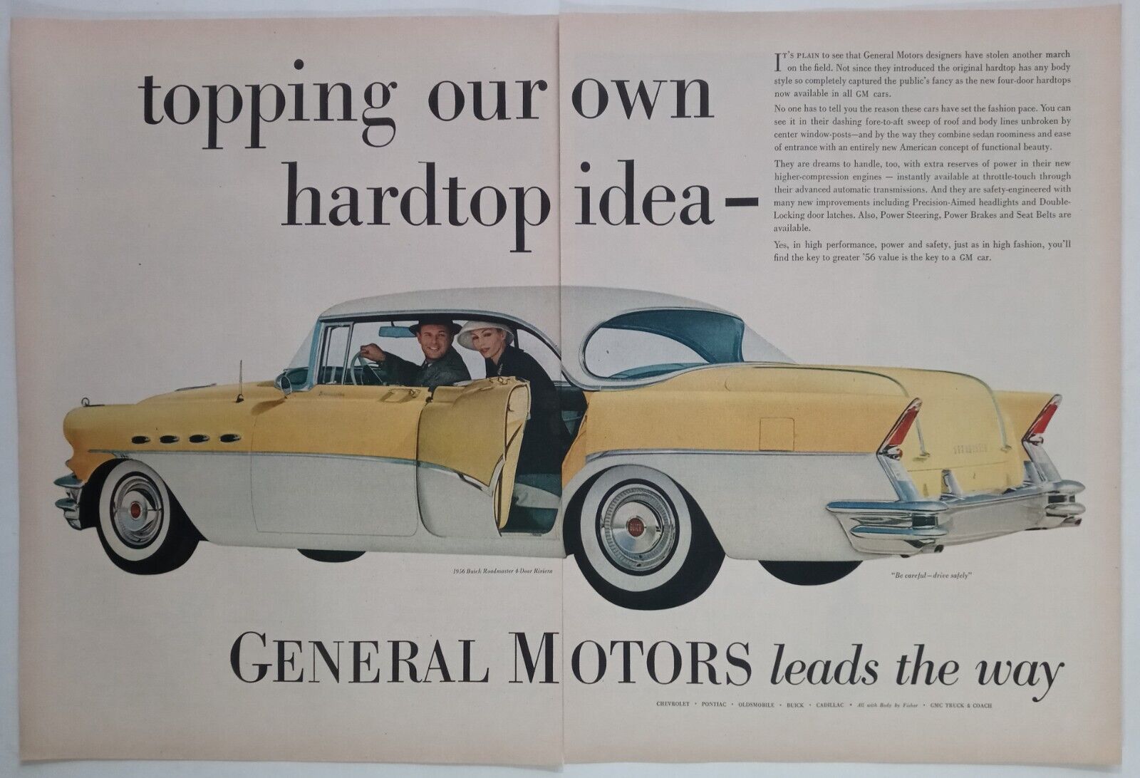 1956 BUICK Roadmaster Riviera Yellow Hard Top Colorful Vintage Poster Print Ad