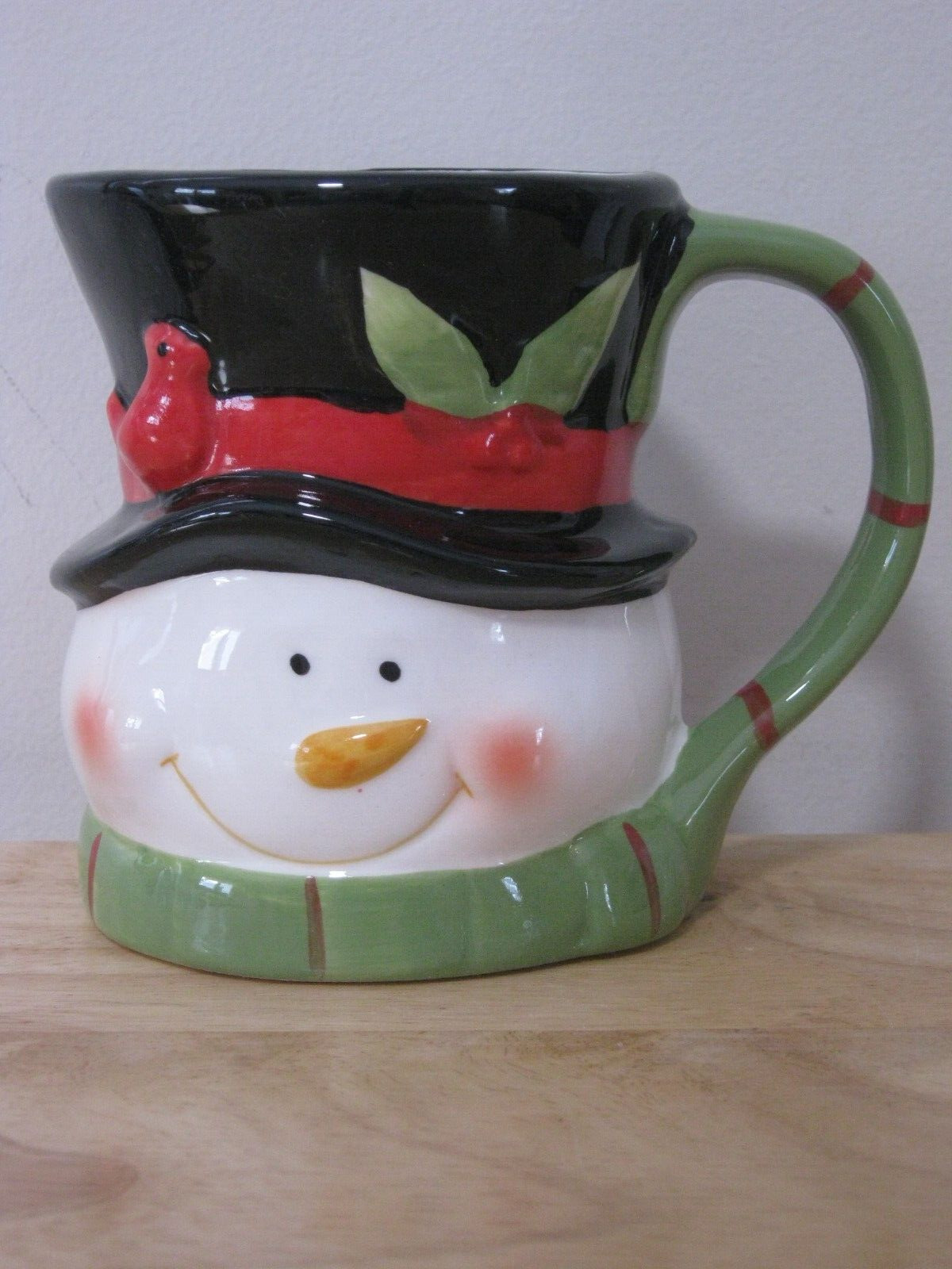 Ceramic Christmas Mug Snowman with Black Hat, Green Scarf & Red Cardinal
