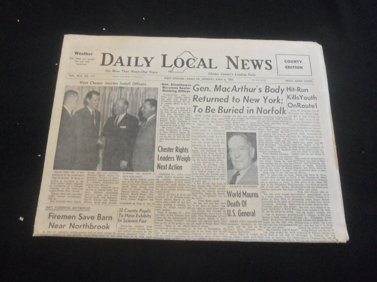 1964 APRIL 6 DAILY LOCAL NEWS NEWSPAPER - GEN. MACARTHUR BODY TO NY - NP 5803