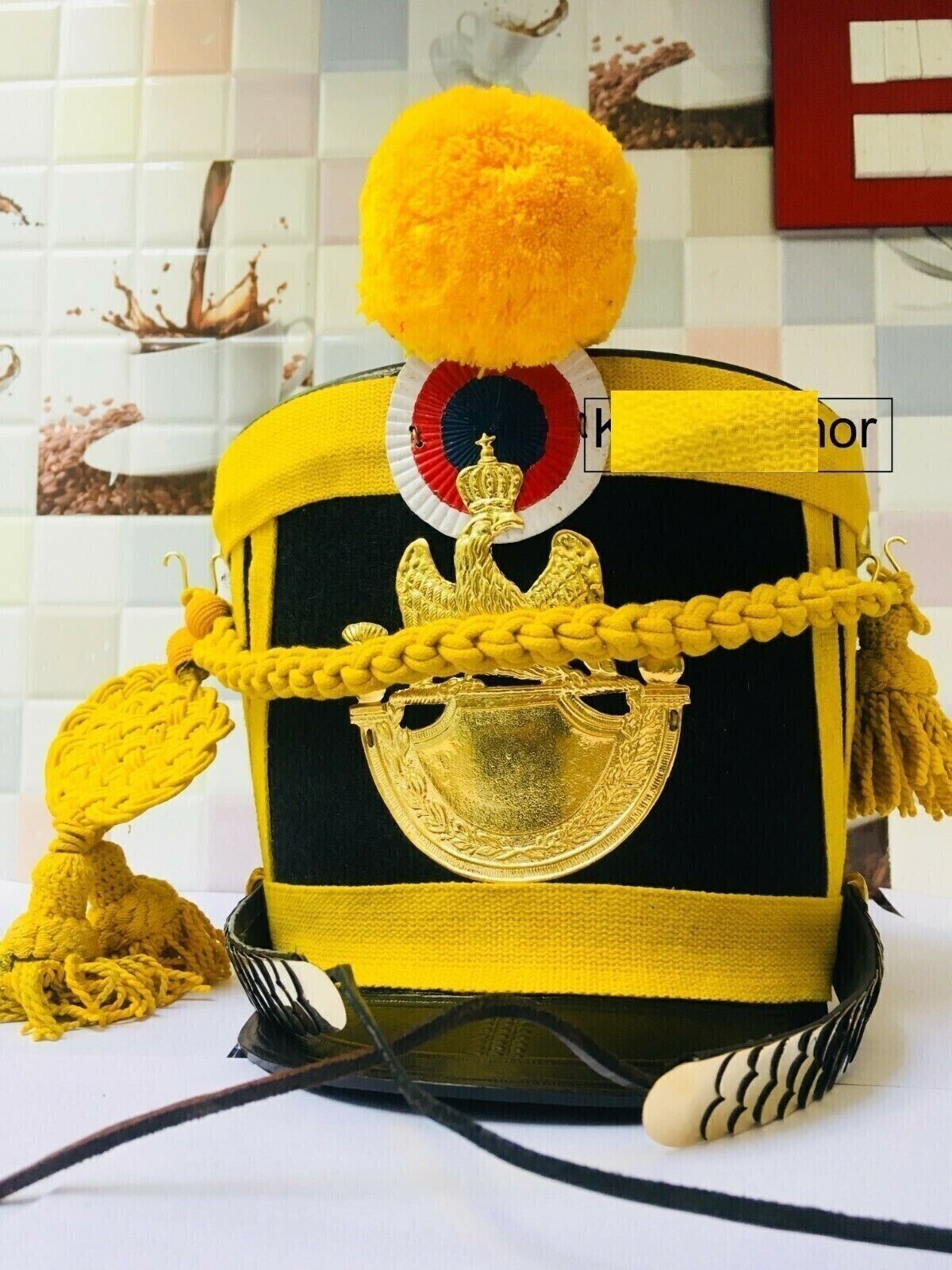 Napoleon Yellow Shako Helmet + Pompom + Cordon -French Napoleonic Shako Hel HT33