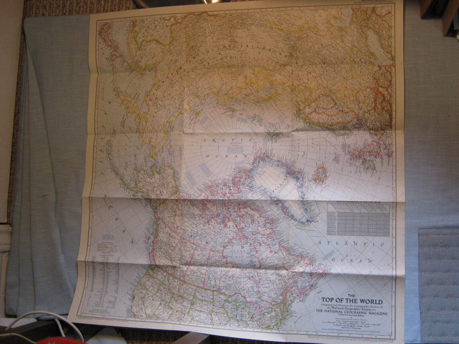 VINTAGE LARGE THE TOP OF THE WORLD WALL MAP National Geographic October 1949 