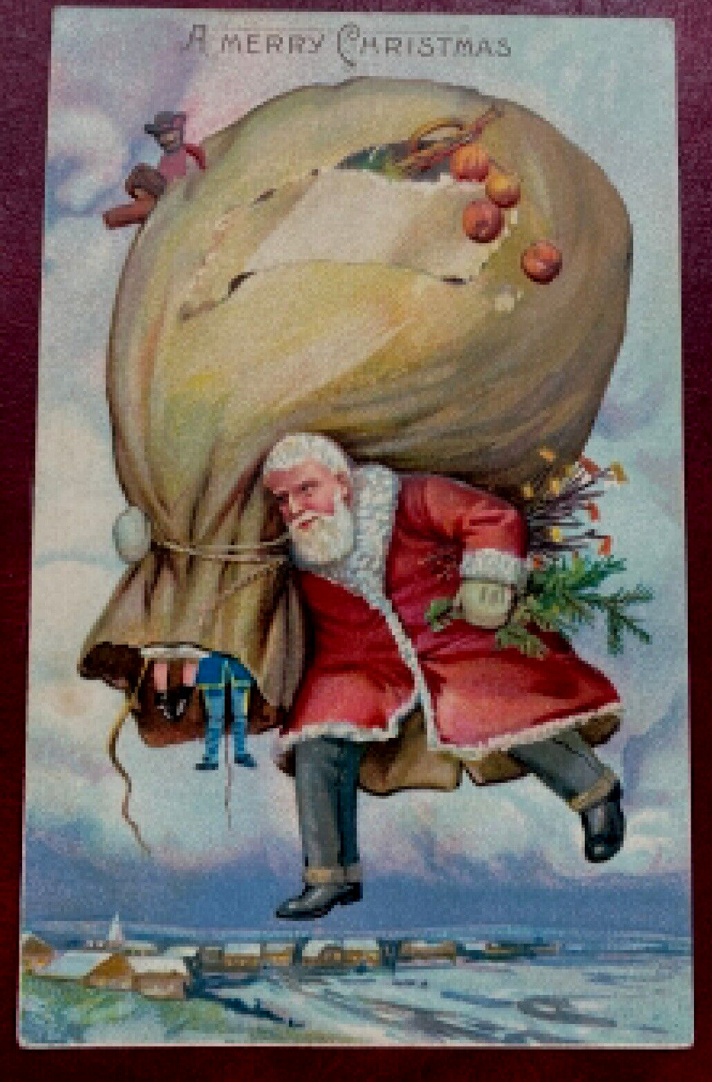 Santa Claus with Giant Sack Full of Toys~Fruit~Antique Christmas Postcard~k302