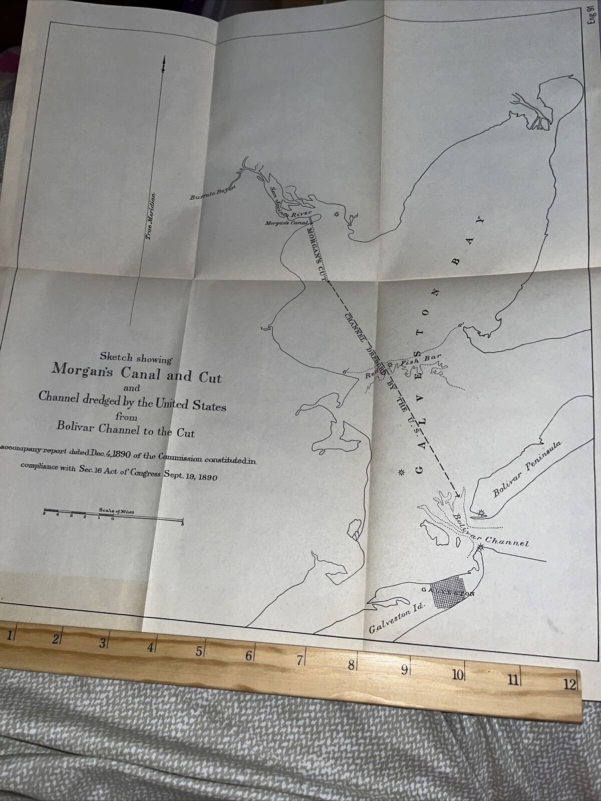 Antique 1891 Map Sketch: Morgan’s Canal and Cut Channel Dredged from Bolivar Cha