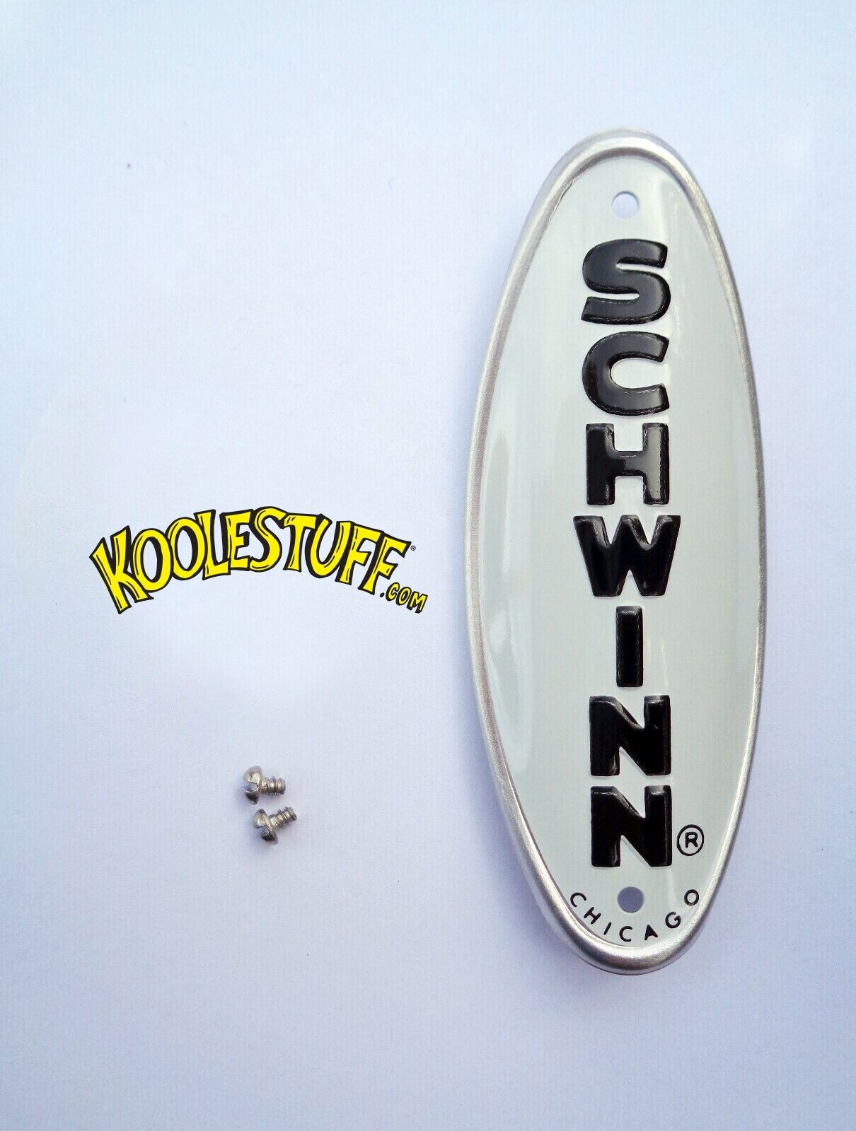  Genuine Schwinn Approved Bicycle Head Badge/Name Plate * WHITE w/BLACK MADE USA