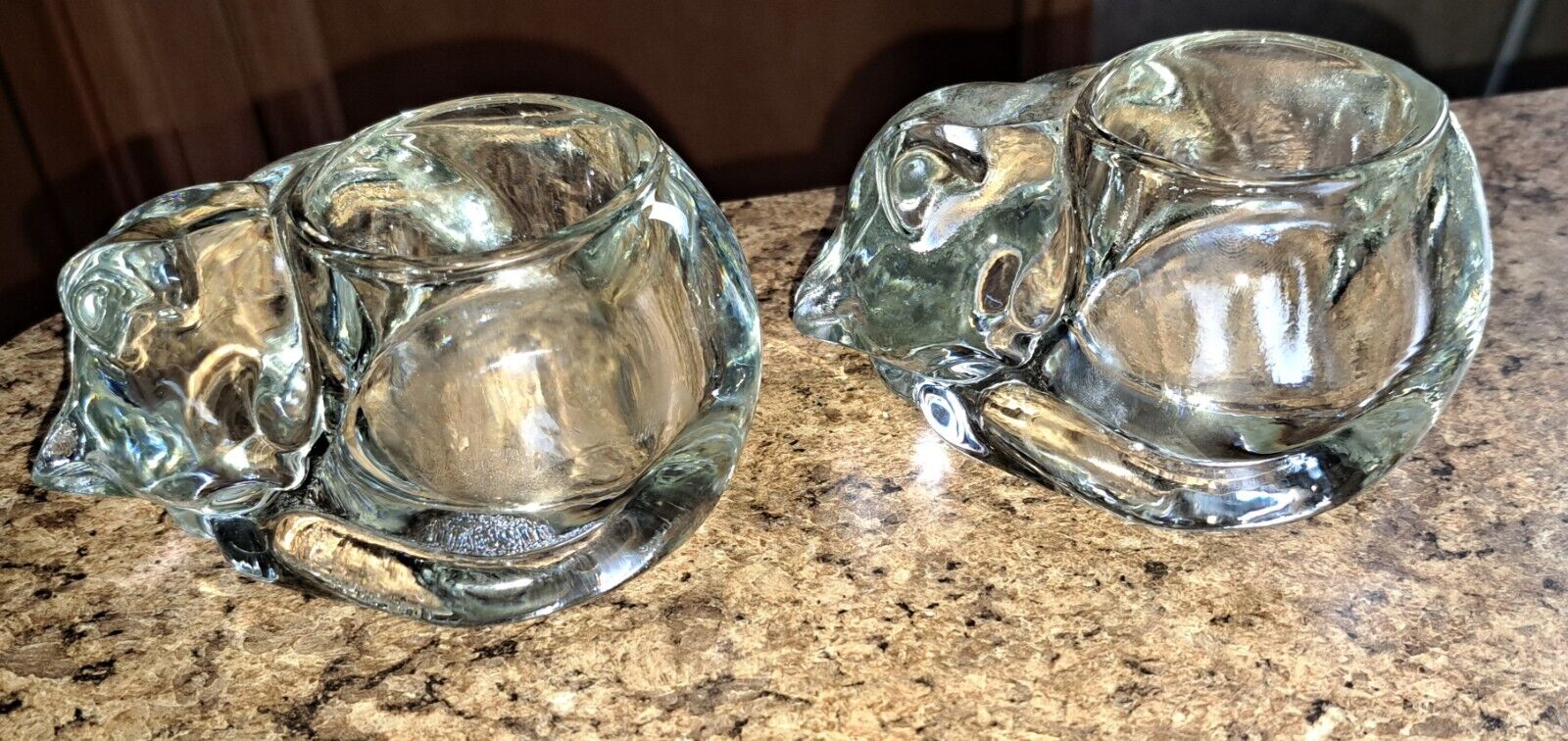 Gorgeous Pair Of Indiana Crystal Glass Sleeping Cat Votive Holder  EXCELLENT CON