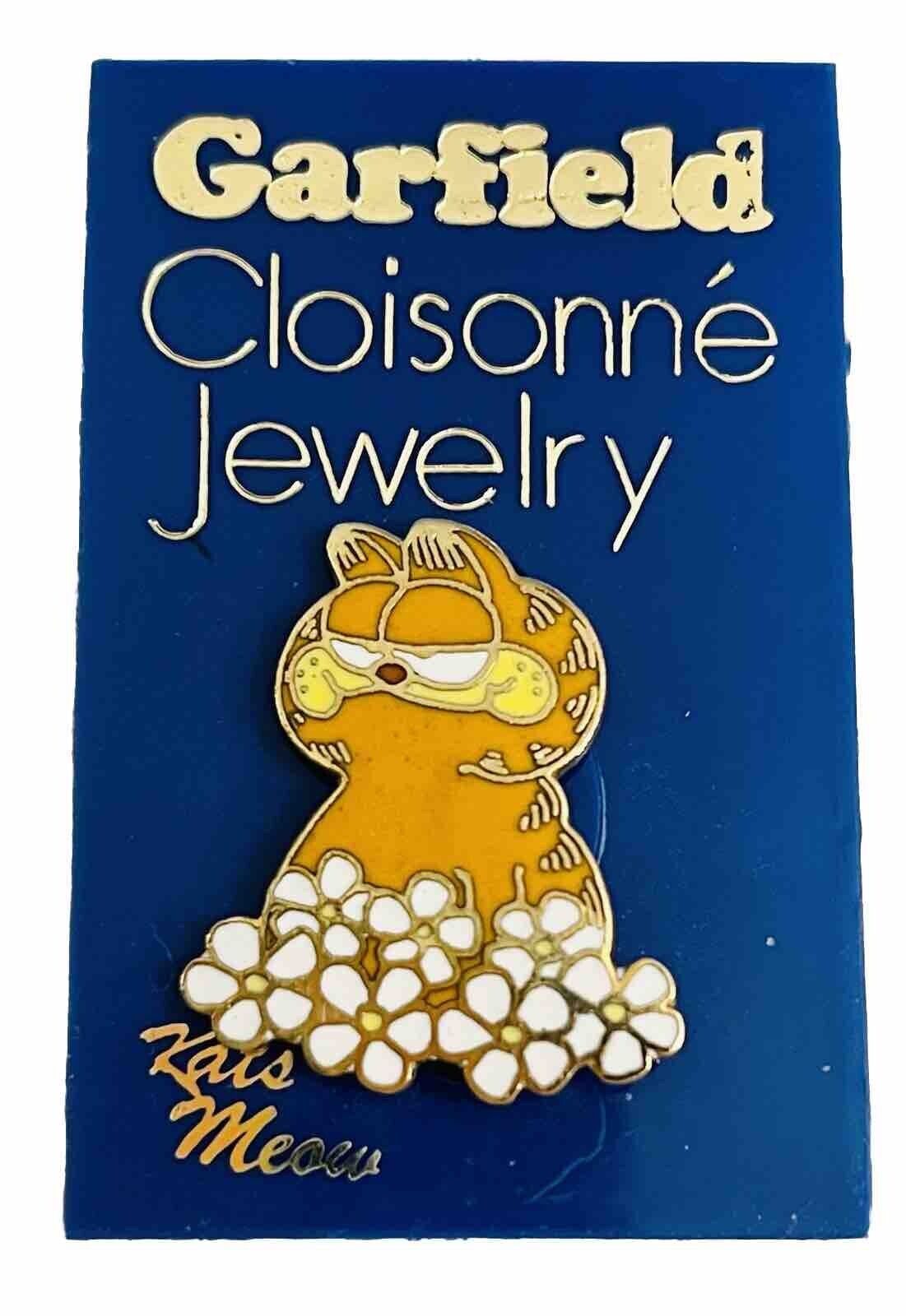 New on Card 1978 Garfield Cloisonné Jewelry Kats Meow Garfield with Flowers Pin