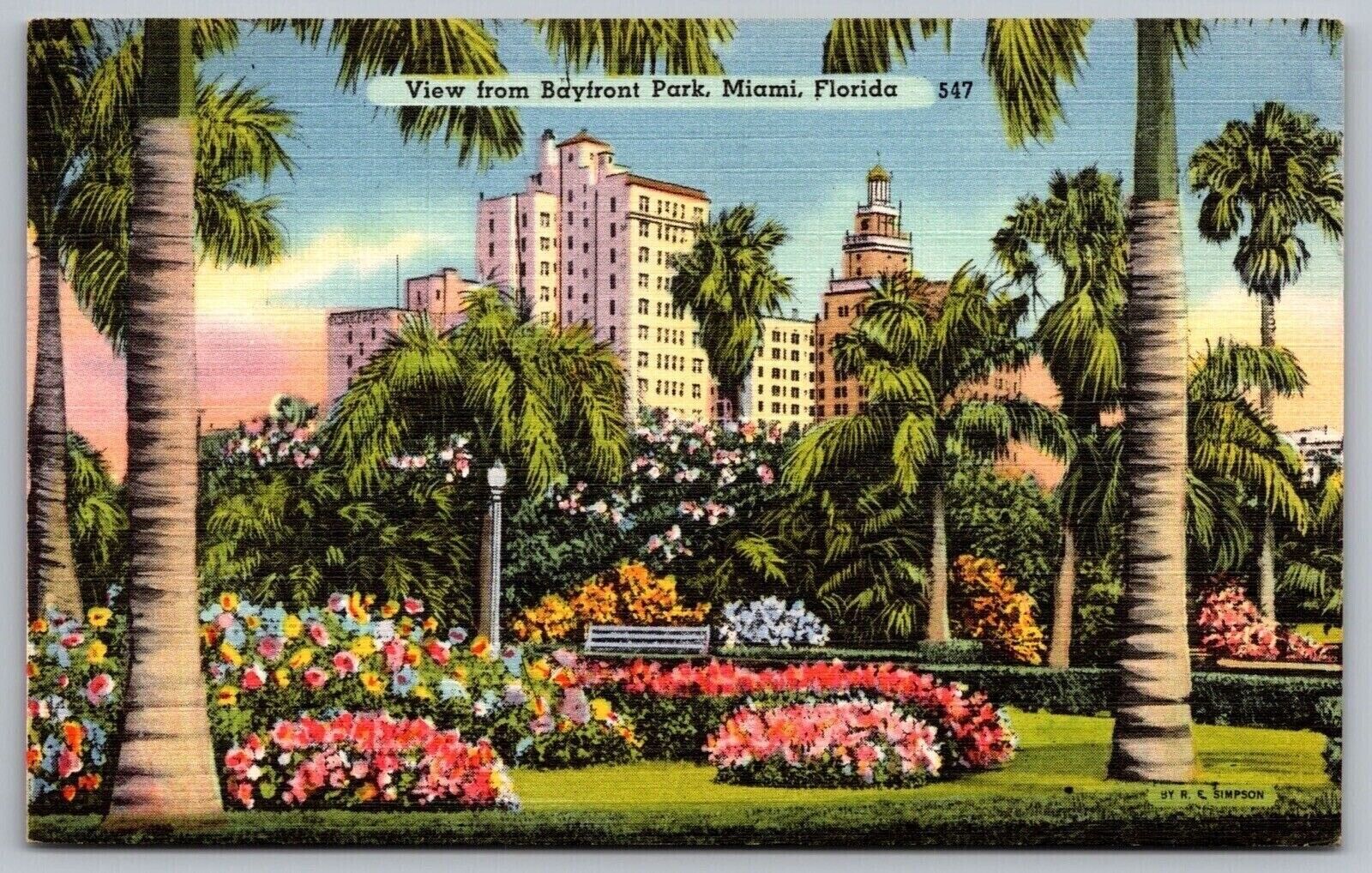 View From Bayfront Park Miami Florida FL Linen Postcard PM Cancel WOB Note