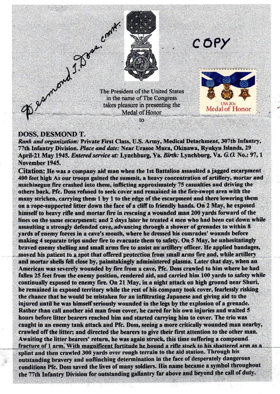 Desmond Doss Medal of Honor signed citation  copy &  facsimile World War II