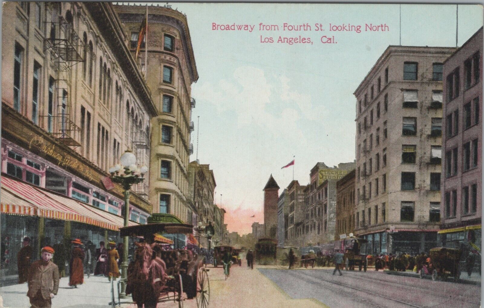 c1910s Broadway from Fourth St Los Angeles CA horse carriage street scene F297