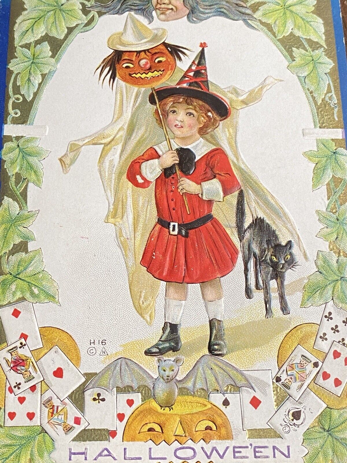 vtg 1916 embossed halloween postcard pumpkin head bat black cat JOL