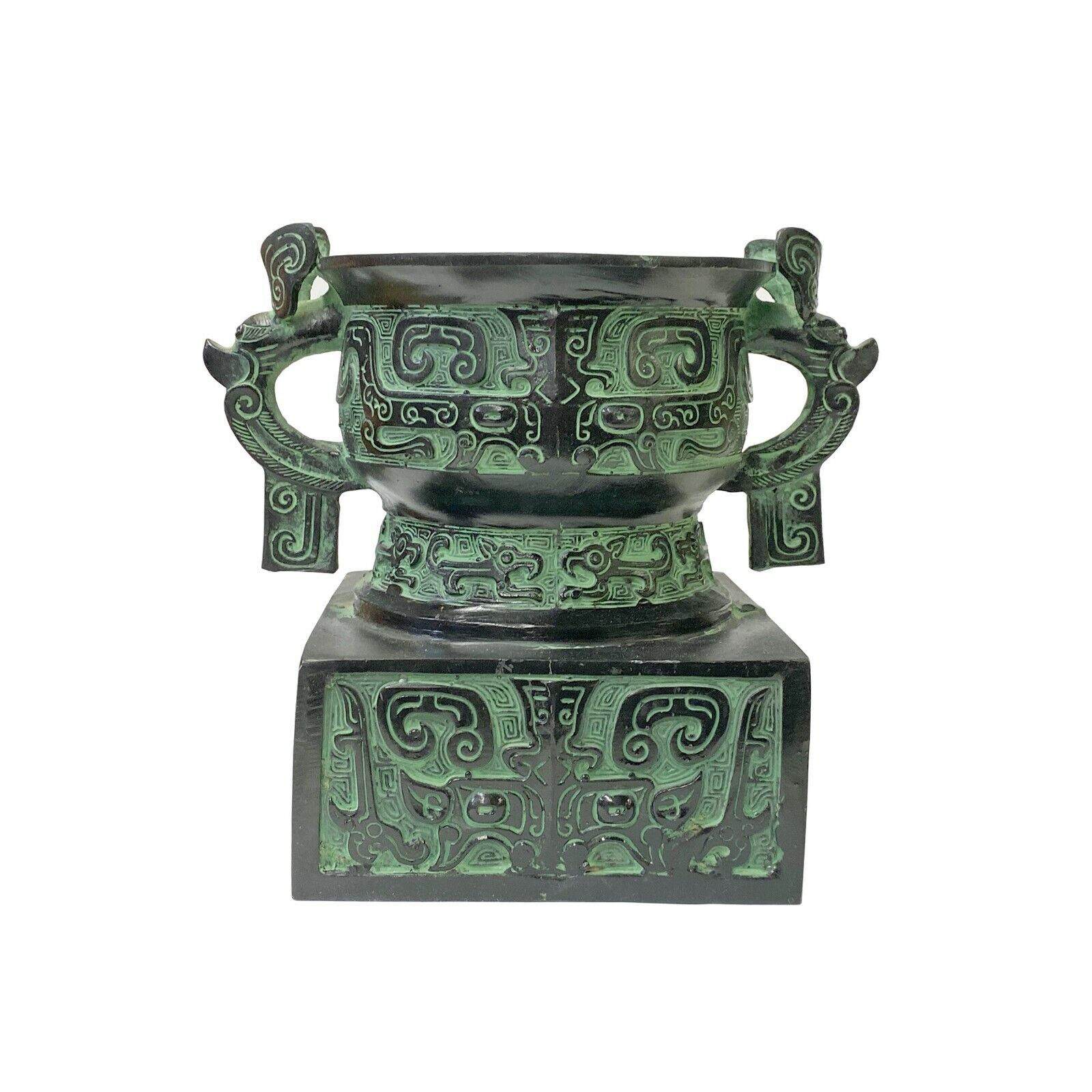 Chinese Green Black Vessel Ancient Ding Container Jar Display ws1473