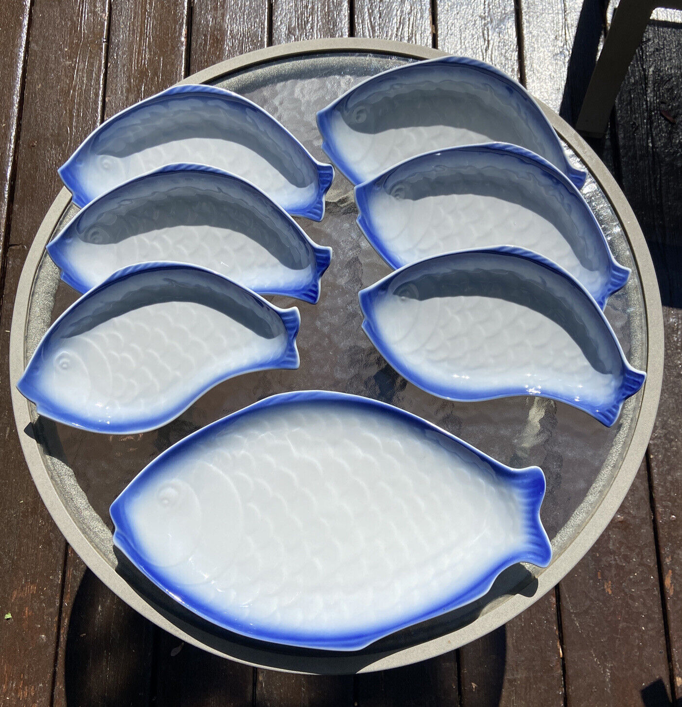 Vtg Korosten Fish Serving Platter w/ 6 Plates - Rare Porcelain Set from Ukraine