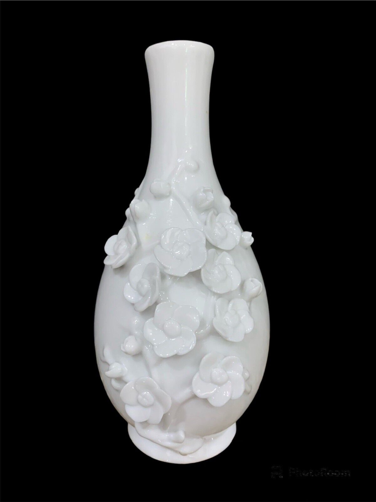 Vintage Raised Relief Handmade Flowers Bud Vase by Tozai Home 8” White Porcelain