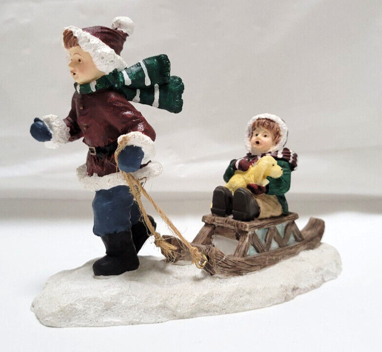 Vintage 90s Mervyn’s Christmas Village Square - Child in Sled Pulled by Boy