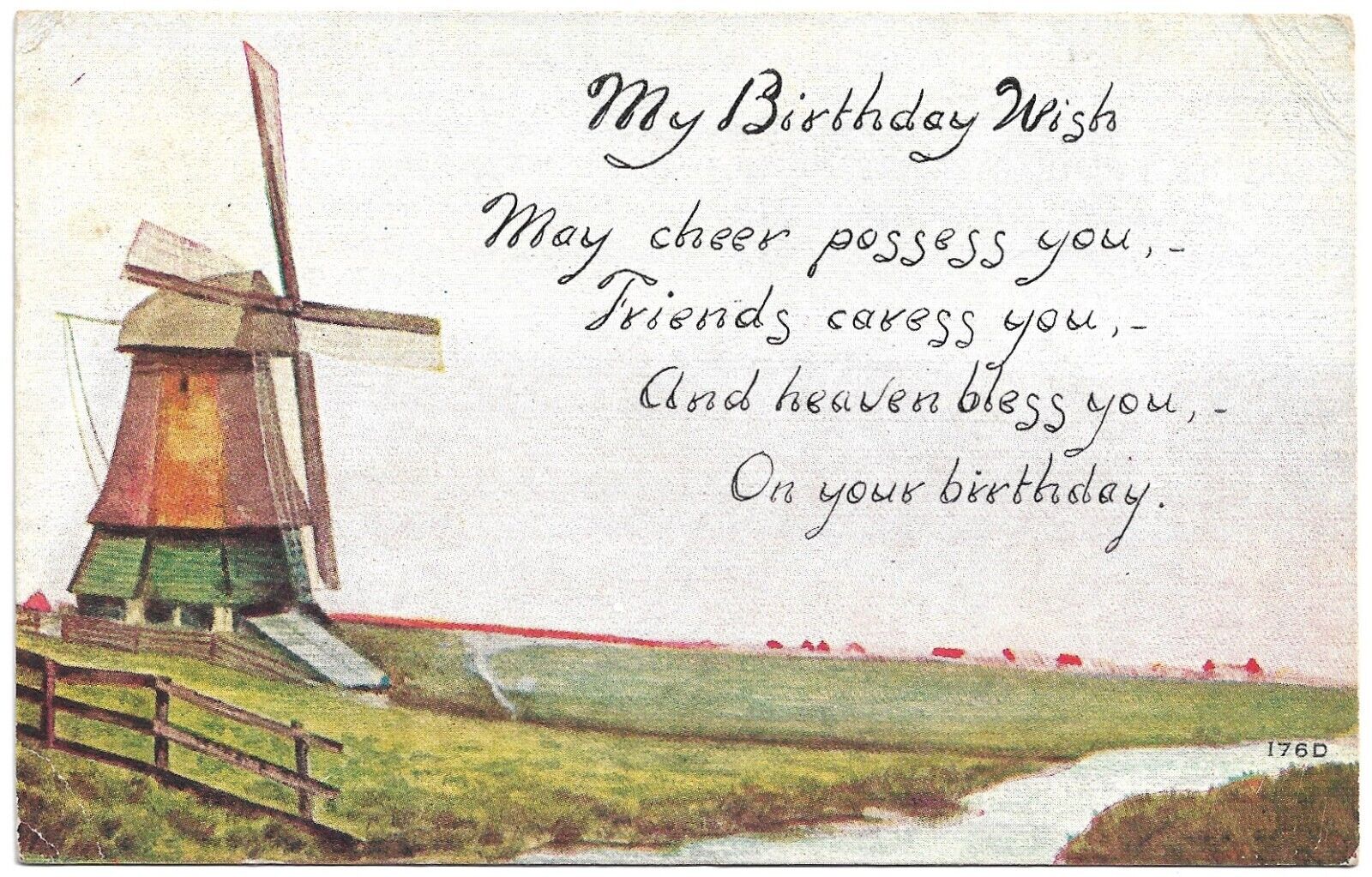 Windmill in Field by Creek Birthday Wish Poem Vintage Postcard