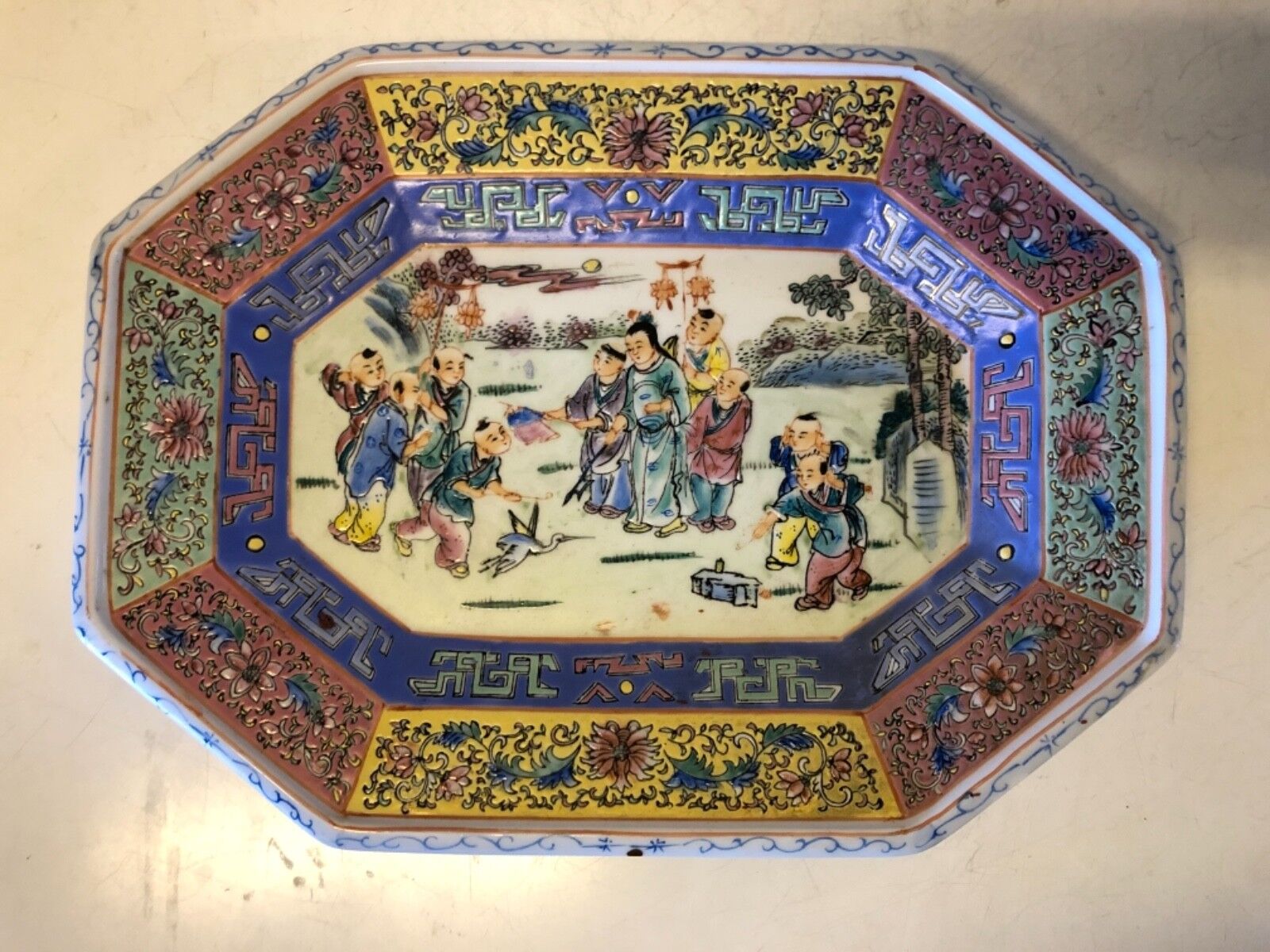 Vintage Chinese Ceramic Colored Floral Platter with Children Playing Scene