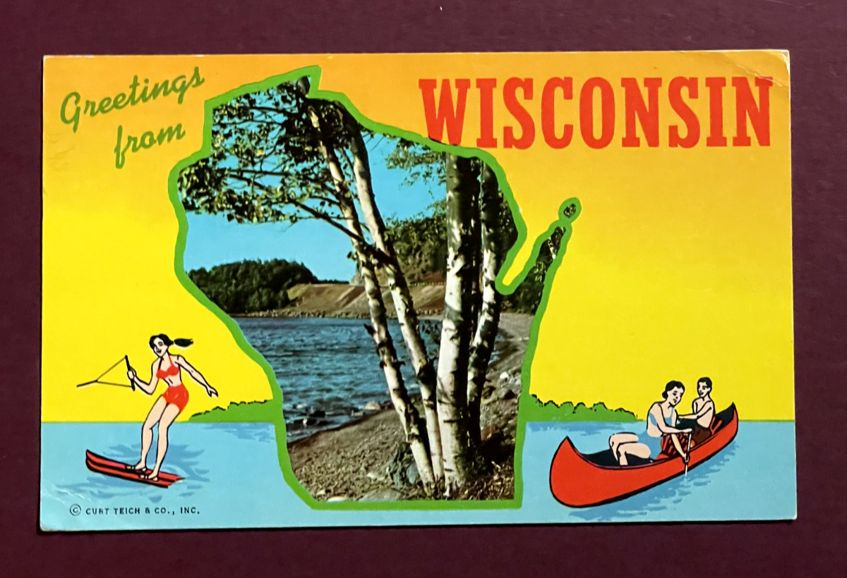 Greetings from Wisconsin, canoeing-vintage chrome postcard-pm:1968