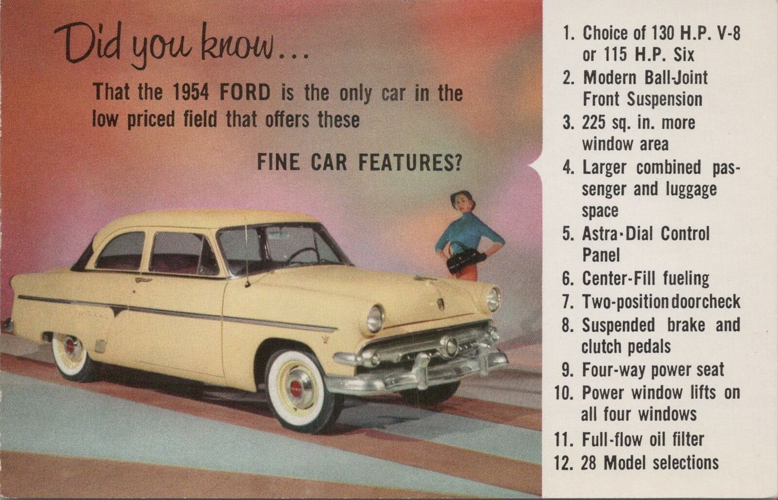 Car Postcard 1954 Ford Fine Car Features 