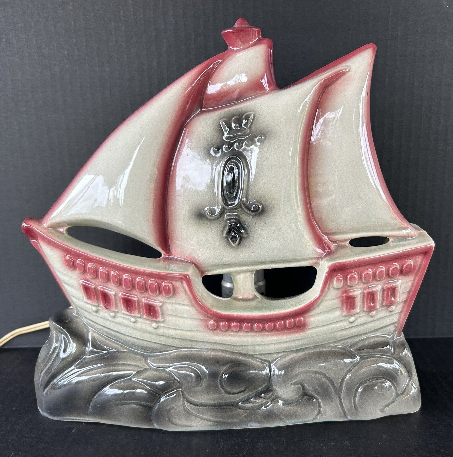 Vintage Pirate Ship Ceramic Lamp Mid Century Spanish Gallon Nautical Light